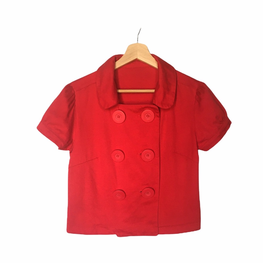 Boxy Red Double Breasted Puff Sleeve Twill Jacket
